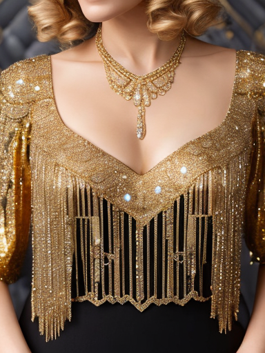 Zwanziger Jahre Dame Elegantes, golden Glitzeroberteil mit Fransen und passendem Schmuck am Hals.